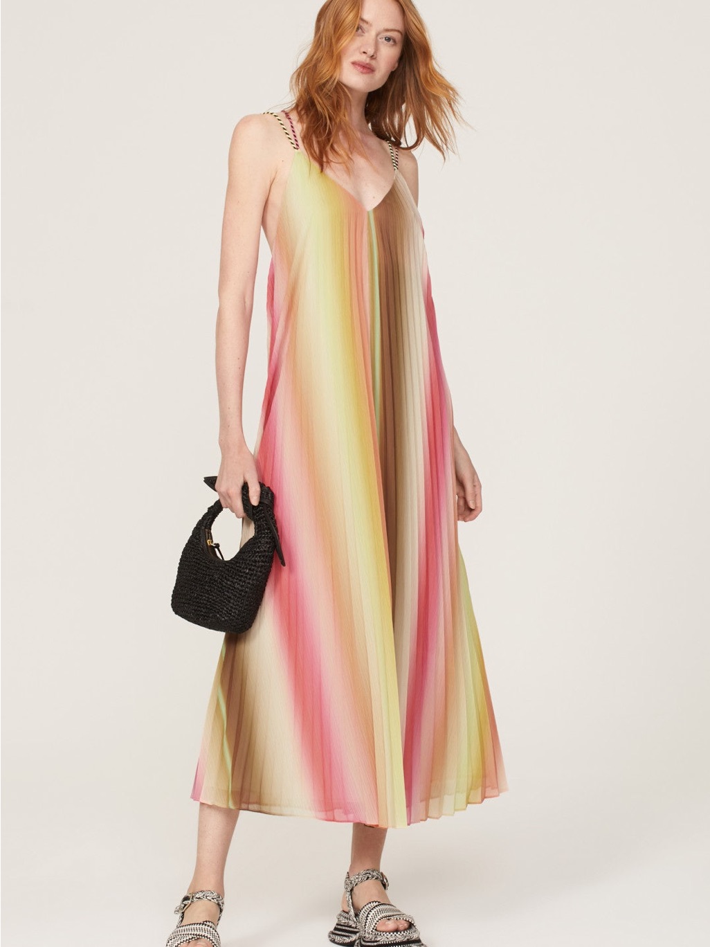 Multicolor Pleated Maxi Dress - Pink/Yellow Gradient